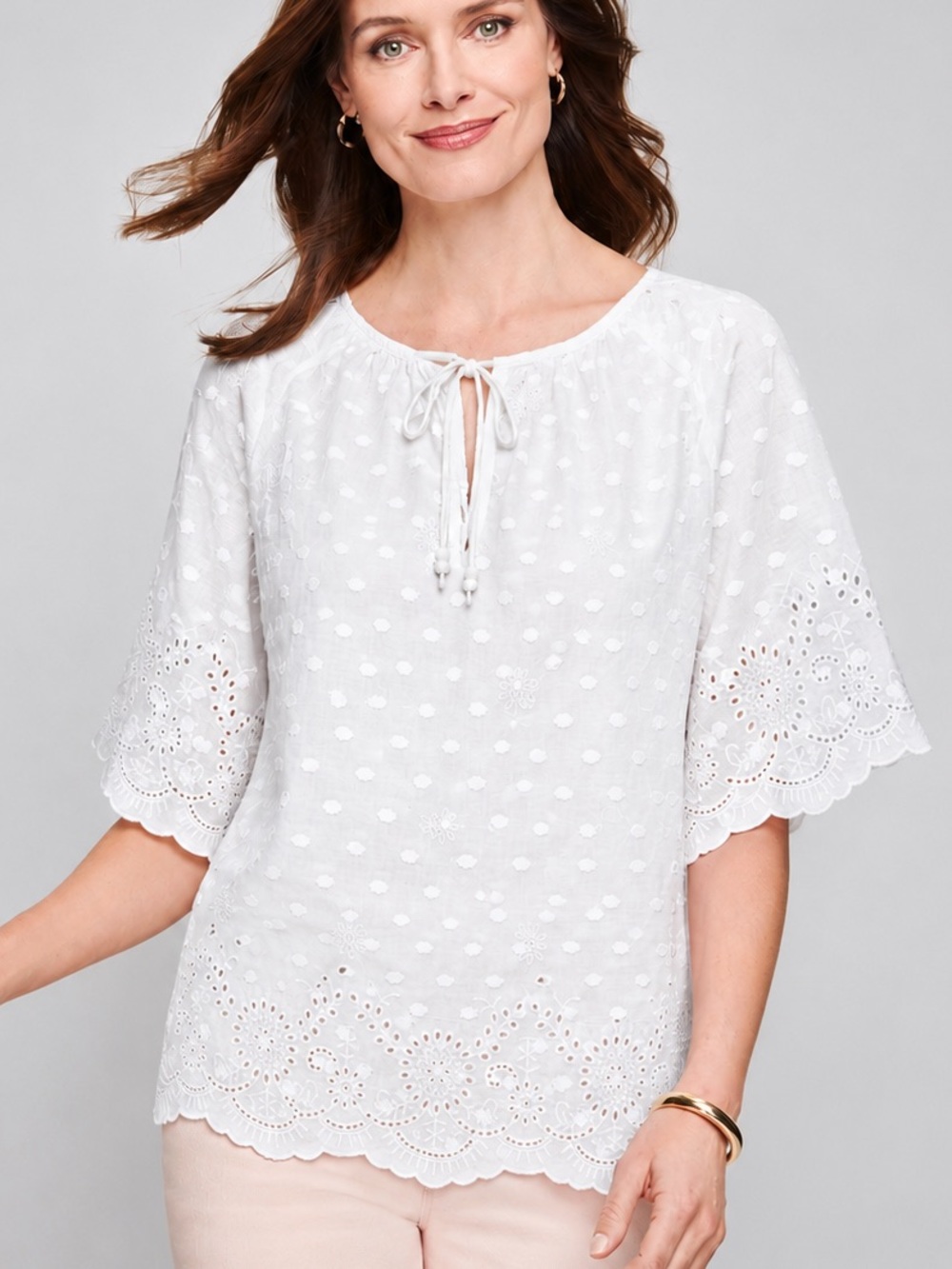 Studio West 100% Cotton Eyelet Swiss Dot Boho Peasant Blouse M White